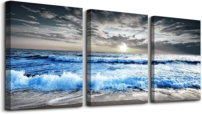 MHARTK66 3 Panel Blue Beach Canvas Wall Art by MHARTK66