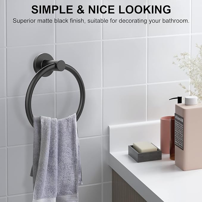 SetSail Towel Holder for Bathroom Wall Matte Black Towel Ring Stainless Steel - Image 7