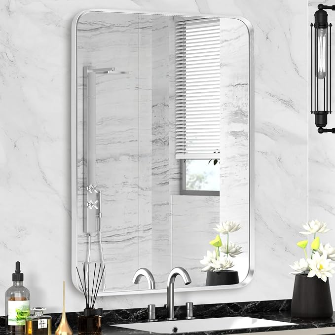Silver Framed Bathroom Mirror, Brushed Nickel Rounded Corner Rectangle Wall by Minuover