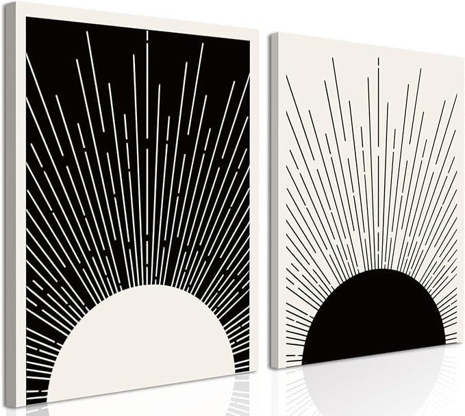 Hwetui Framed Boho Sun Wall Art Set of 2 Black and White Minimalist Sunrise by Hwetui