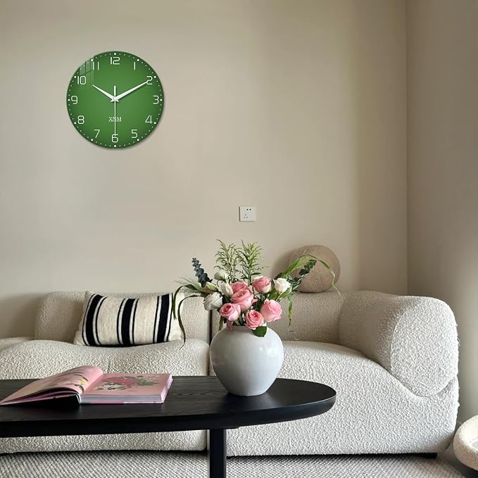 XNM Bedroom Clock Battery Operated Glass Minimalist Green Wall Clock 12 Inch - Image 5