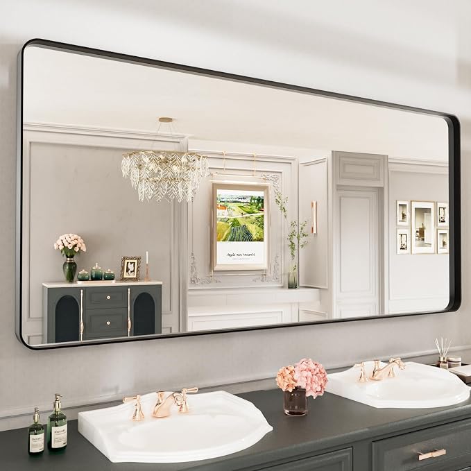 LOAAO 77X36 Inch Black Metal Framed Bathroom Mirror - Image 4