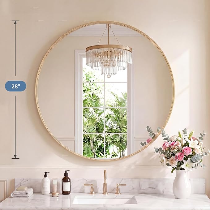 DUMOS 28-Inch Round Wall Mirror, Bathroom Wall Circle Mirror - Image 2