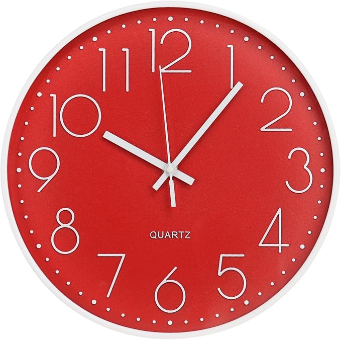 Wall Clock 12 Inch Non-Ticking Silent Modern Simple Style Round Decor Clock Red by BAKBRAND
