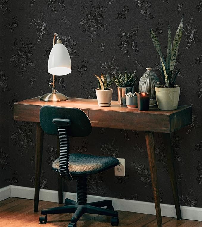 Black Peel and Stick Wallpaper 118inL 17.7inW Black Silk Embossed Floral - Image 7