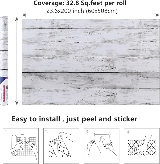 Arthome 23.6 x 200 inches White Gray, Peel and Stick Wallpaper, Wood Contact - Image 7