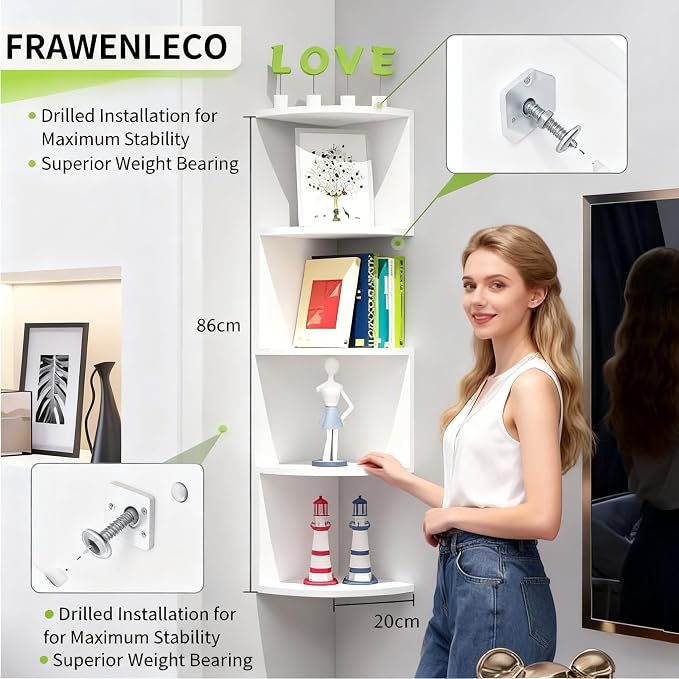 5-Tier Corner Shelf Wall Mount, Screw-Mounted Floating Bookshelf - Image 3