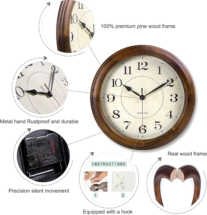Kesin Wall Clock Wood 14 Inch Silent Wall Clocks Large Decorative Battery - Image 3