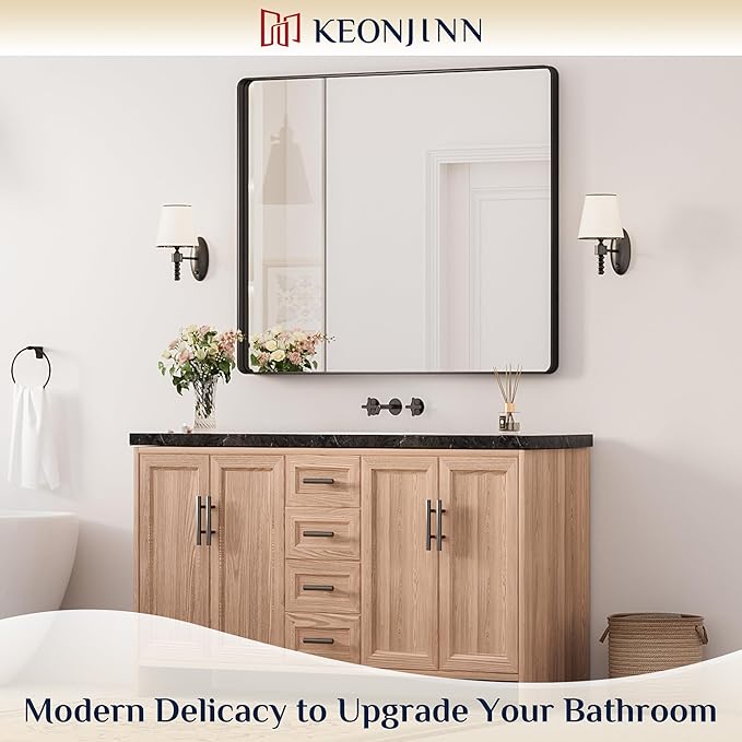 Keonjinn Black Bathroom Mirror for Over Sink, 42 x 36 Inch Large Rounded - Image 2