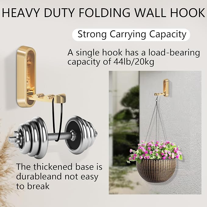 2PCS Foldable Gold Wall Hooks, Heavy Duty Zinc Alloy Folding Wall Hooks - Image 6