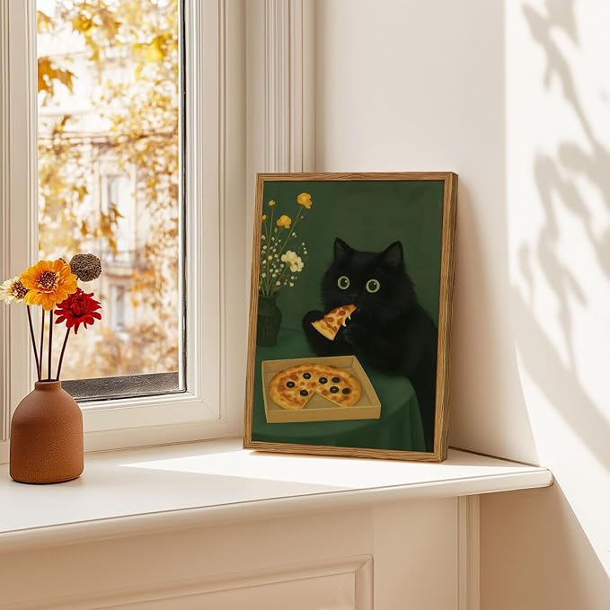 Funny Black Cat Wall Art Whimsical Black Cat Eating Pizza Wall Decor Cute - Image 2