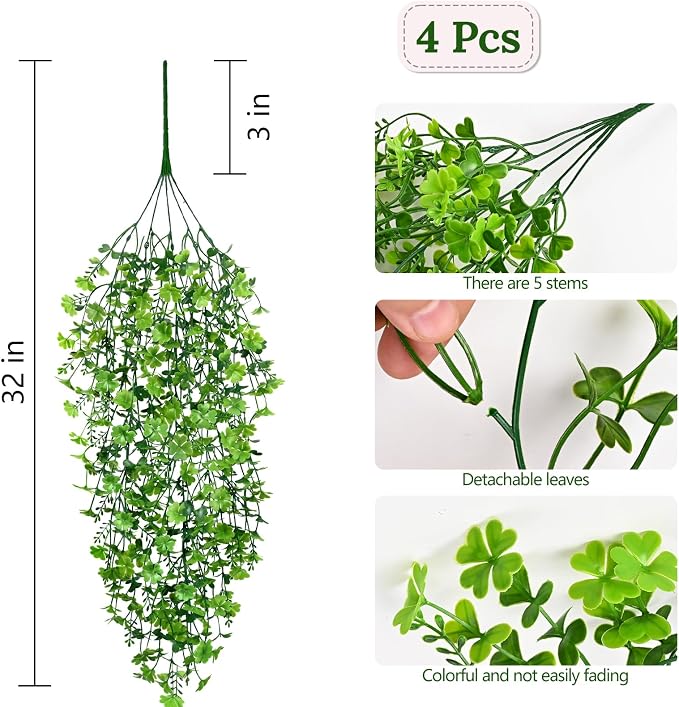 Waipfaru Artificial Hanging Four-leaf clover, Faux Ivy Pothos Vines Greenery - Image 4