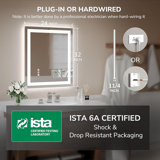 USHOWER LED Bathroom Mirror 24x32 Inch Tempered Glass - Image 7