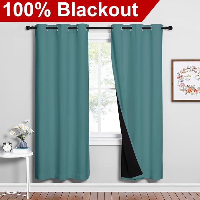 NICETOWN 100% Blackout Window Curtain Panels, Sea Teal, 2 Pieces, 42-inch Wide - Image 2