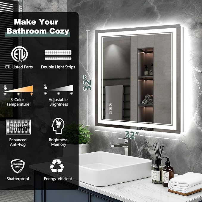 32x32 Inch LED Bathroom Mirror - Image 2