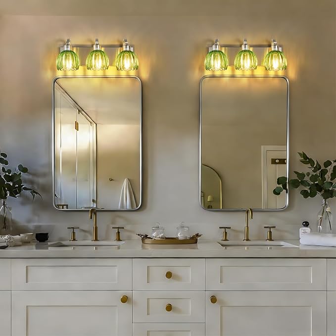 3-Light Vanity Lights with Green Tulip Glass Shade, Brushed Nickel Bathroom - Image 2