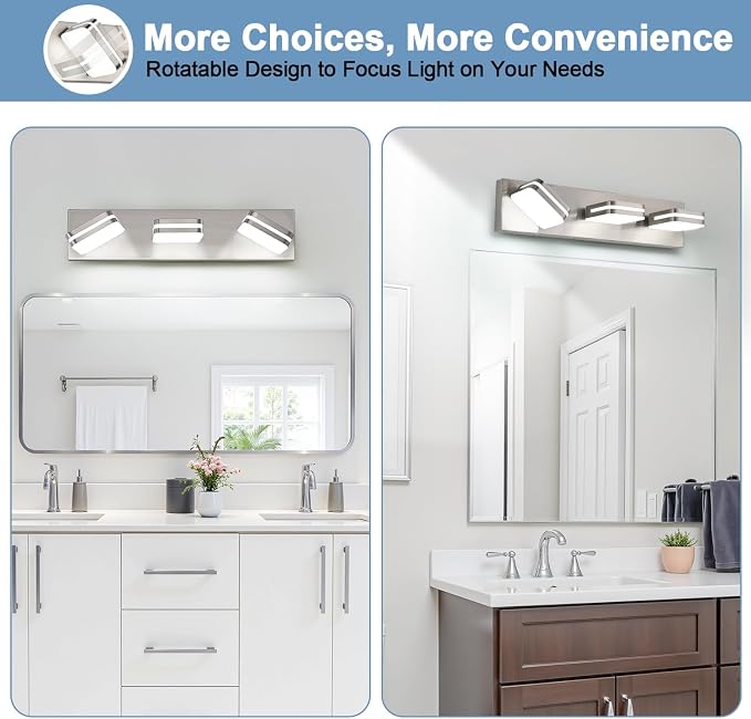 360° Rotate LED Bathroom Vanity Light Fixtures, 1300LM Acrylic Brushed Nickel - Image 7
