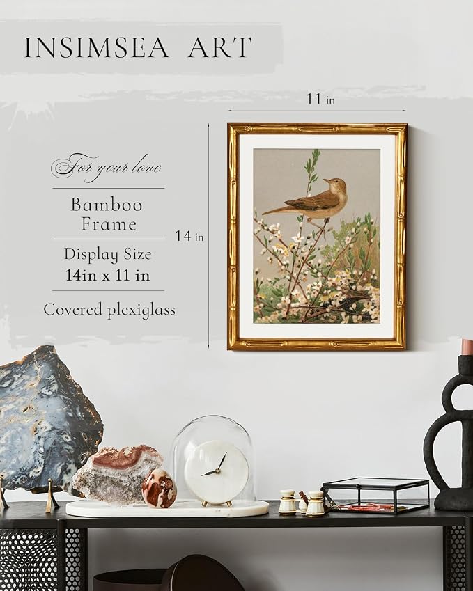 InSimSea Gold Bamboo Framed Canvas Wall Art, Spring Bird on Branch Paintings - Image 3