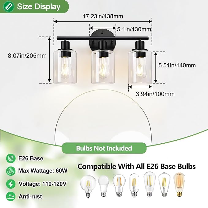 Zarbitta 3-Light Bathroom Light Fixtures, 17.23" Black Modern Vanity Lights - Image 7