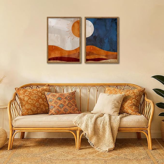 Framed Boho Sun and Moon Canvas Wall Art Set of 2, Vintage Western Desert - Image 5