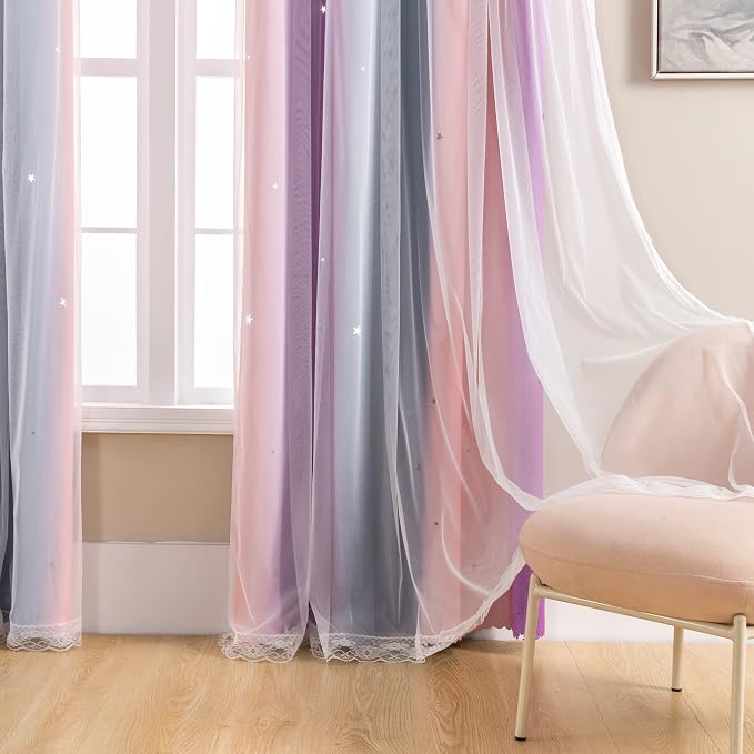XiDi Curtains for Bedroom Decor, Rainbow GreyPinkPu-52-90 - Image 4