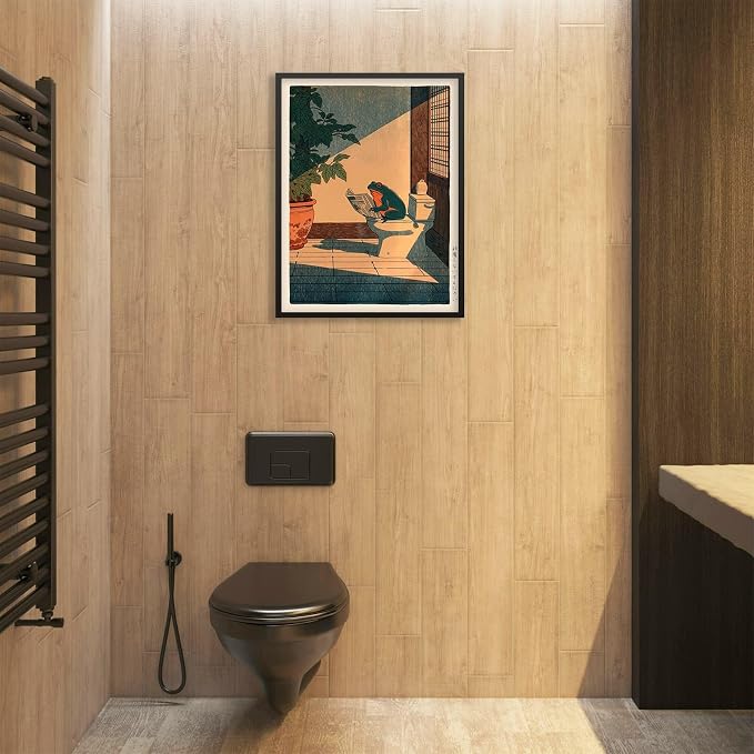 Vintage Japanese Black Framed Wall Art Funny Frog Bathroom Canvas Print Cute - Image 4