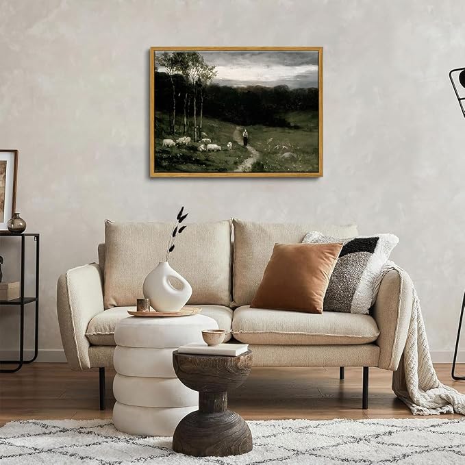 OIQArtOIQ Framed Vintage Landscape Wall Art Shepherd Natural Scenery Oil - Image 6