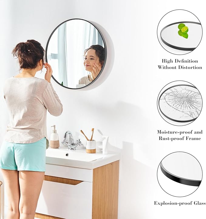 DUMOS Black Circle Mirror for Wall 24.02 inch, Bathroom Round Mirror for Over - Image 4