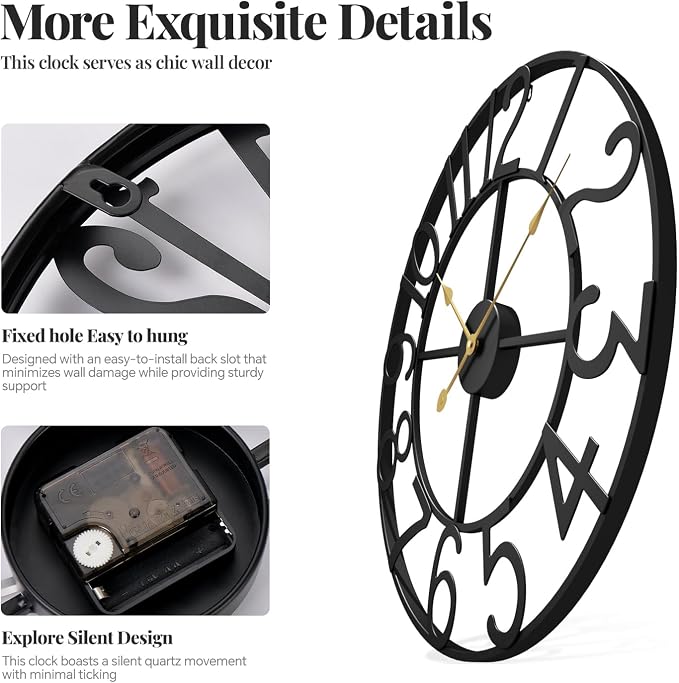 Cuspin 16 Inch Large Wall Clock, Modern Black Metal Clock - Image 4