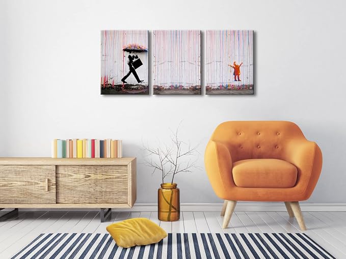 Wieco Art 3 Piece Banksy Famous Canvas Paintings Wall Art Raining day Modern - Image 2