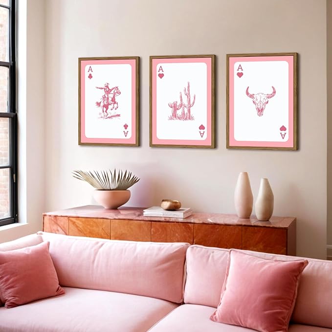 Set of 3 Western Cowgirl Wall Art Pink Bull Skull Wall Decor Painting - Image 2