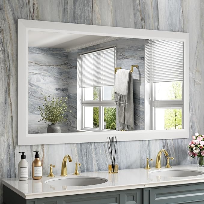 Amorho Bathroom Mirror, 50X30 Inch White Thick Metal Framed Wall Mirrors by Amorho