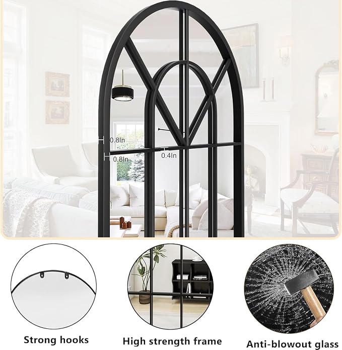 Dewfig Arch Wall Mirror Mounted Decorative, Arched Window Pane Mirror - Image 7