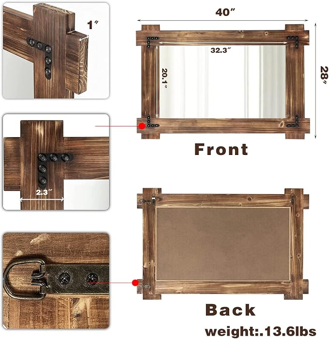 MeMoreCool Large Rustic Wood Framed Wall Mirror, 40x28 Farmhouse Decorative - Image 5