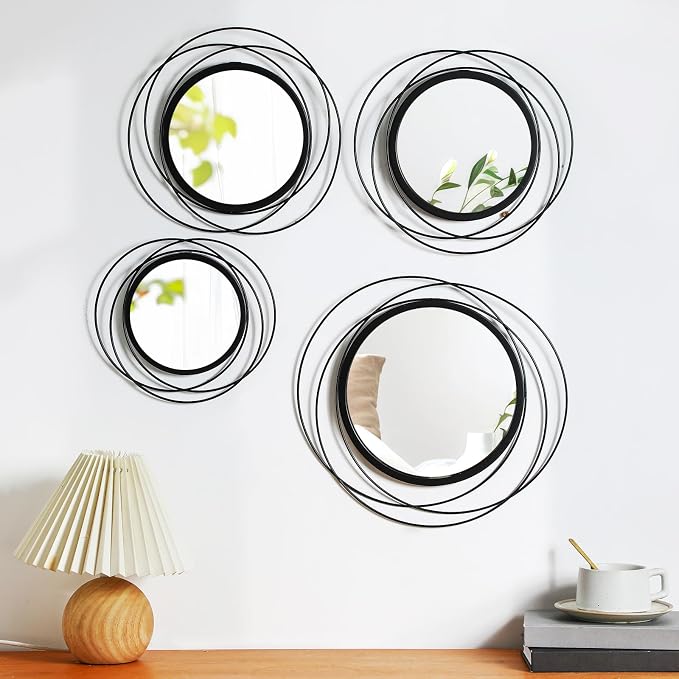 Hicarer 4 Pcs Decorative Round Modern Circle Mirror Wall Art Ring Metal Mirror - Image 7