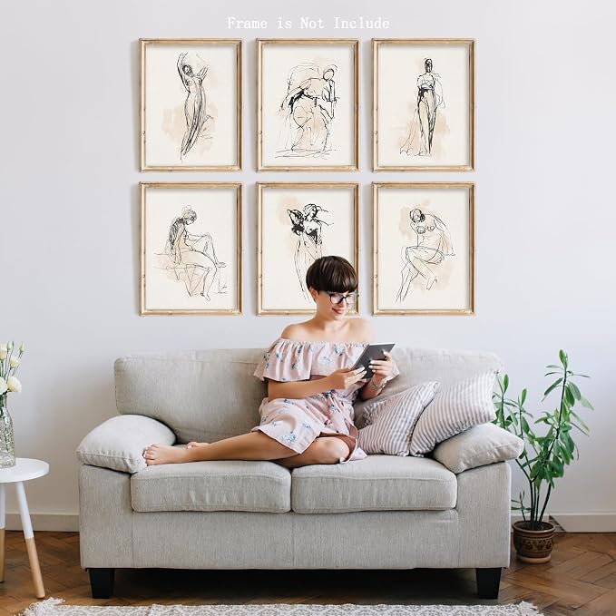 Vodefoad Figure Sketch Art Print Neutral Gallery Wall 6Pcs Set Soft feminine - Image 4