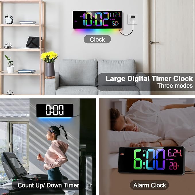 16" Bluetooth Large Digital Wall Clock/Auto Time Sync, 10 RGB Colors Digital - Image 8