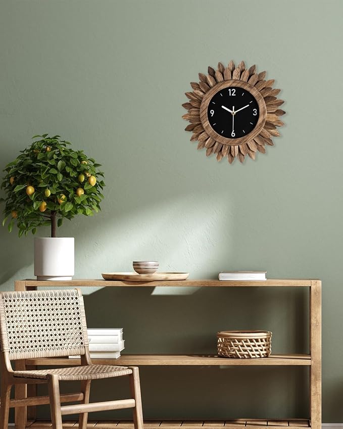 Honiway Wall Clock Battery Operated 12 in Rustic Wood Boho Sunburst Decorative - Image 3