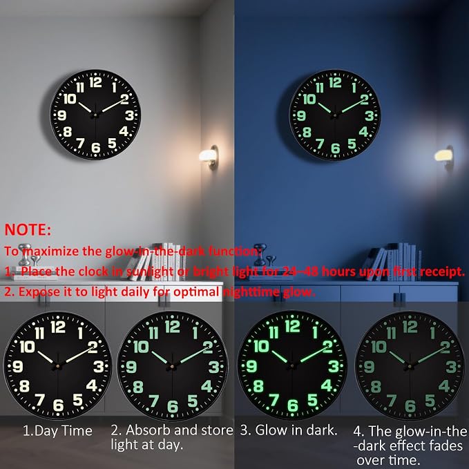 Glow in The Dark Wall Clock, Large Easy Read Numbers Tempered Glass Night Light - Image 4