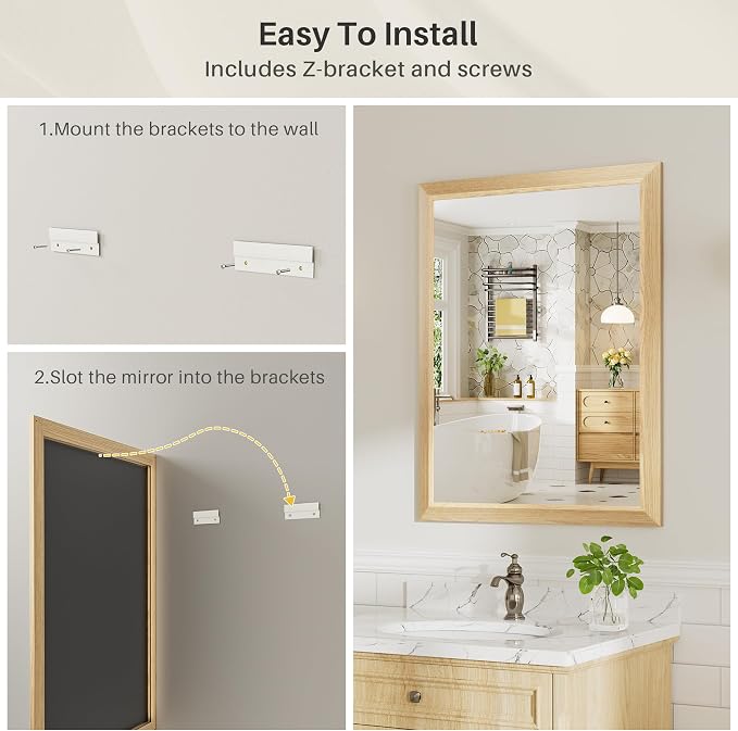 28x36 Inch Bathroom Mirror for Wall, Anti-Rust Oak Wood Grain Metal Framed - Image 5