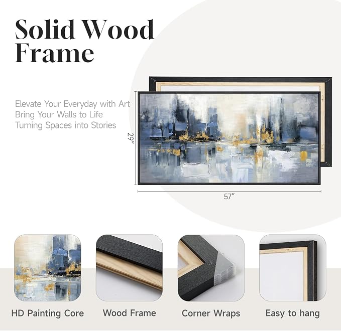 Framed Blue Abstract Wall Art for Living Room, Extra Large Modern Cityscape - Image 4