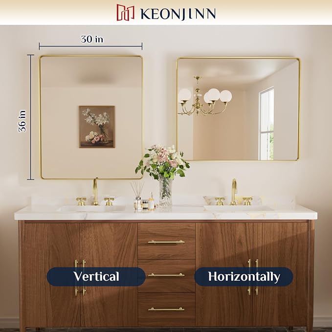 Keonjinn Gold Mirrors for Bathroom Sink, 30 x 36 Inch Rounded Rectangle Brushed - Image 8