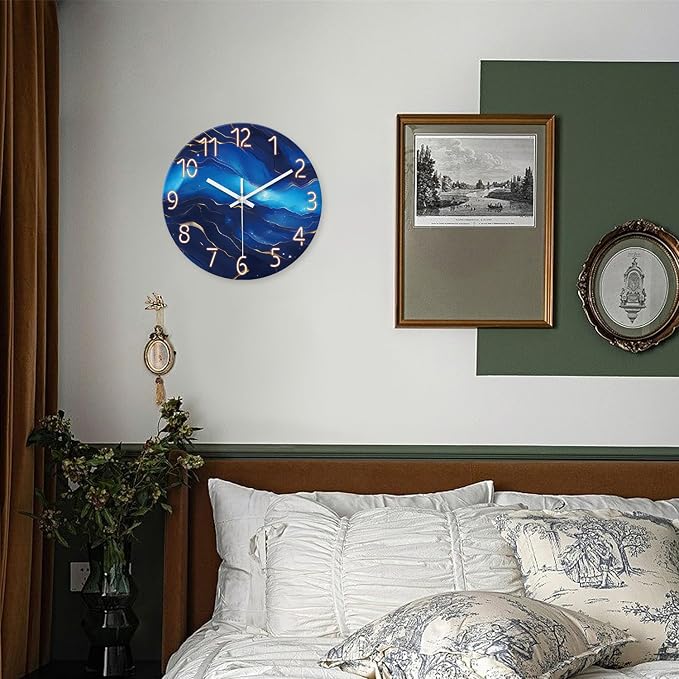 Glass Blue Wall Clocks Battery Operated 16 Inch Marble Pattern Big Clock - Image 4