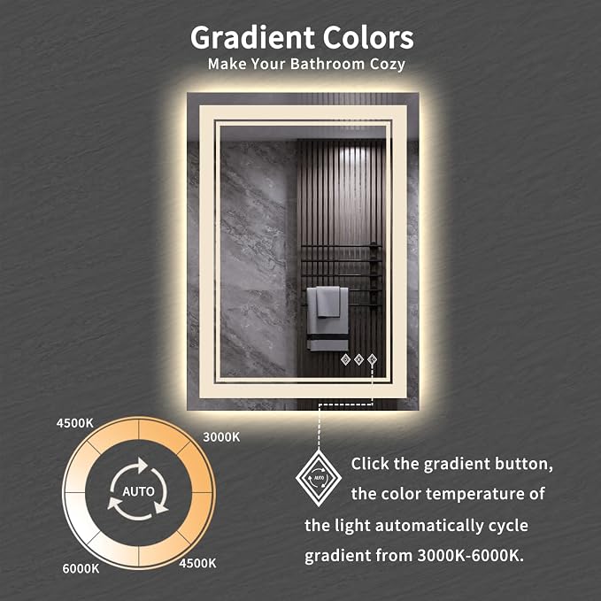 LED Mirror, 20x28 Inch Gradient Front and Backlit LED Bathroom Mirror, 3 Colors - Image 3
