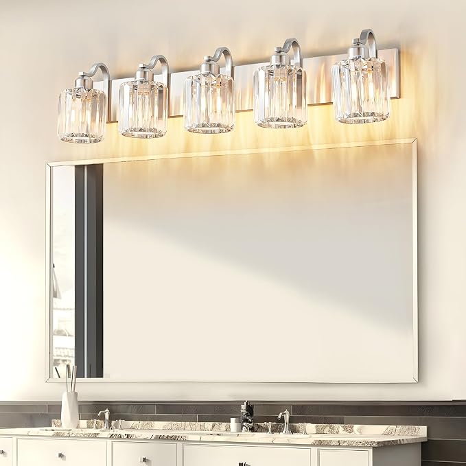 Modern Crystal Bathroom Vanity Light 5 Light Brushed Nickel Vanity Lighting - Image 2