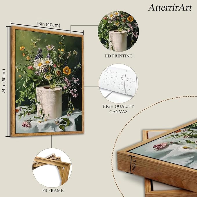 AtterrirArt Framed Funny Bathroom Wall Art, 16 * 24 Inches, Toilet Paper Floral - Image 4