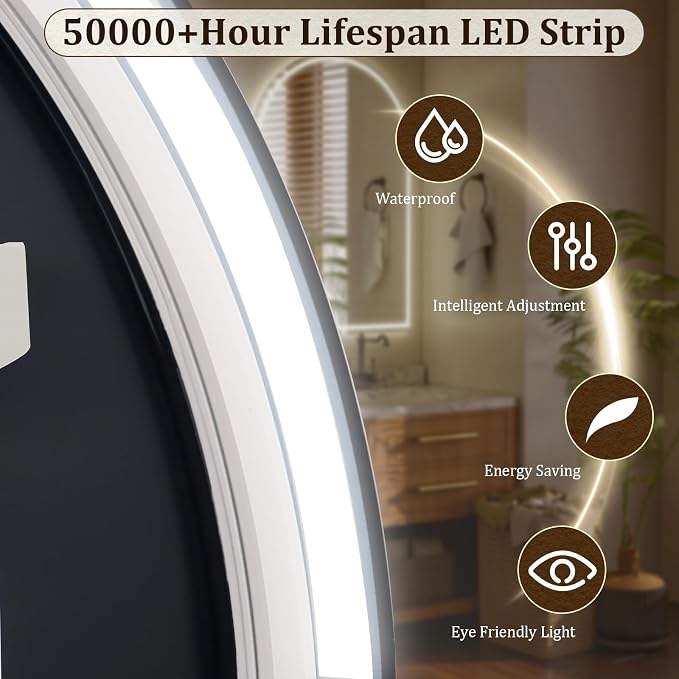 BEAUTYPEAK 40x30 LED Arch Bathroom Mirror - Image 3