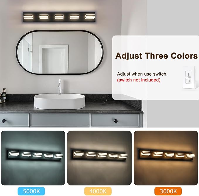LED Wall Black Vanity Lights for Bathroom Light Fixtures 30W Adjust 3 Colors - Image 6