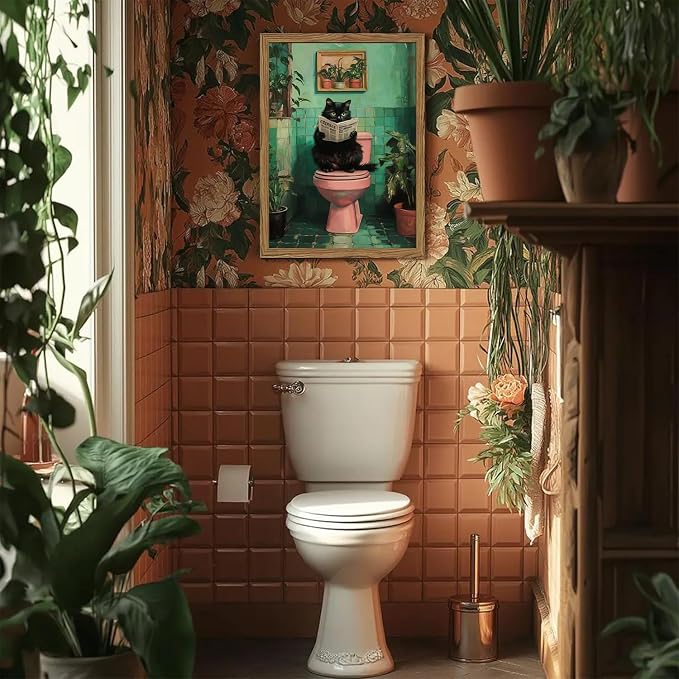 Funny Bathroom Cat Wall Art, Humorous Black Cat Restroom Wall Decor Paintings - Image 4