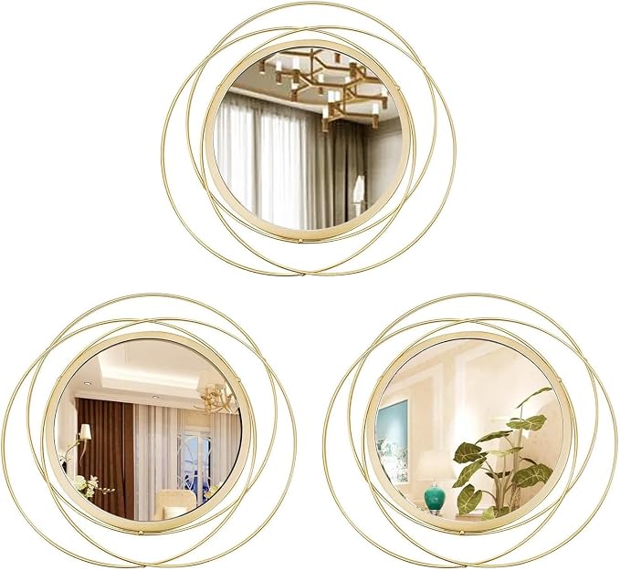 3 Set 9.5 Inch Gold Circle Mirrors Wall Decor Iron Frame Wire Mirror Metal by Cityelf
